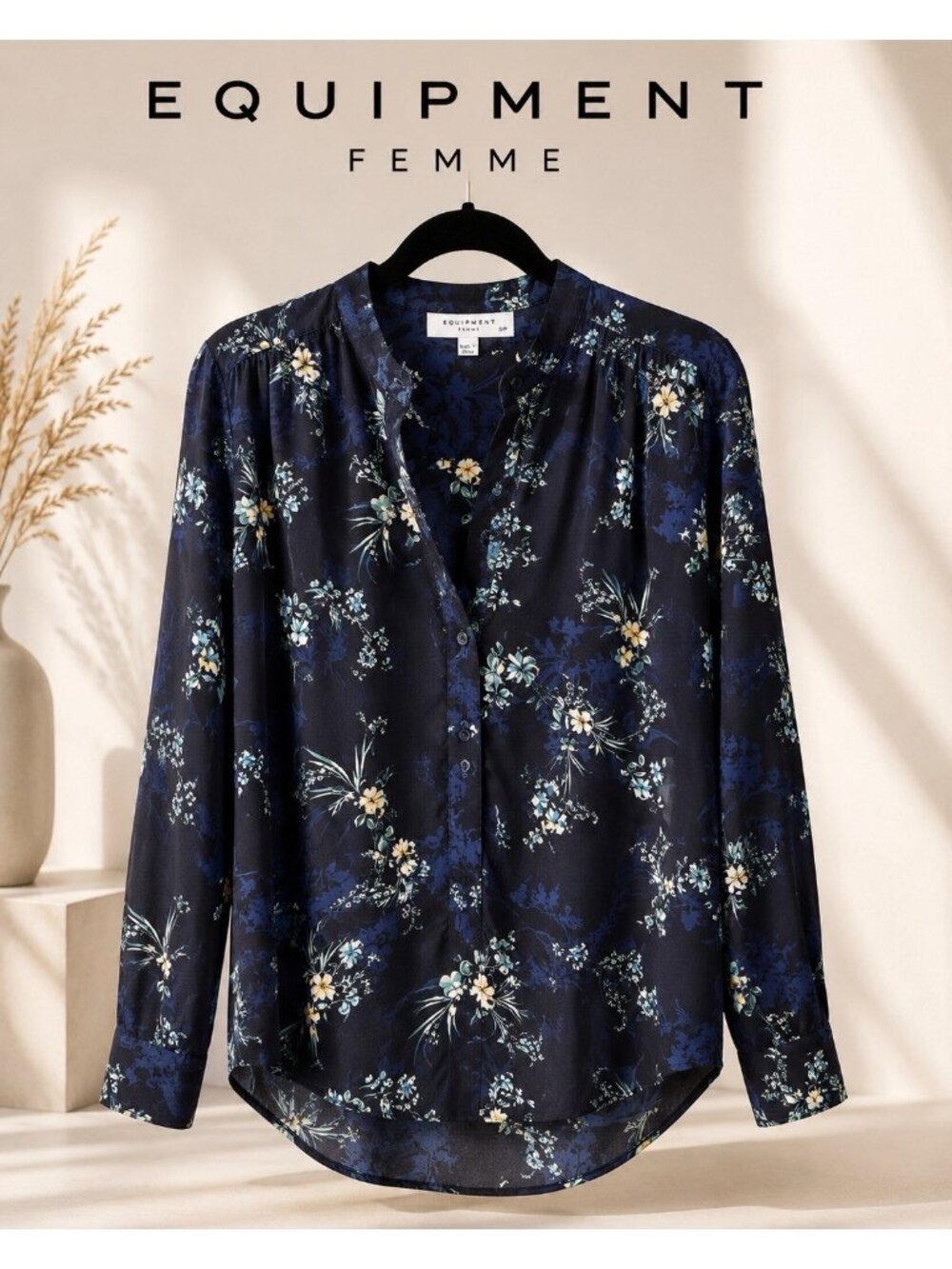 Equipment Femme Cornelia Floral Print Long Sleeve Blouse Top Navy Blue Small S